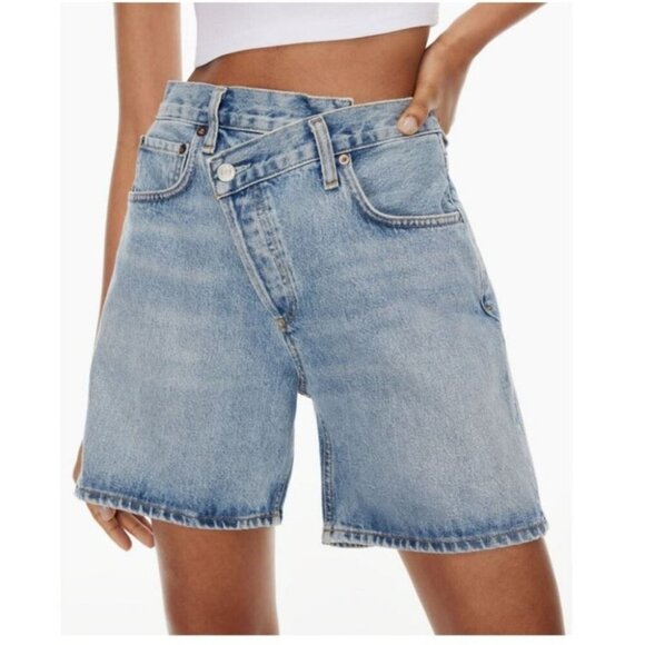 Agolde criss cross jean shorts size 23 revolve aritzia button fly long jorts - Picture 1 of 9
